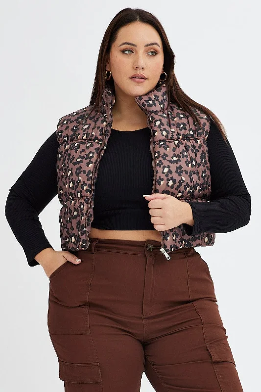 Huge Discounts Brown Animal Print Puffer Vest Crop Sleeveless Leopard
