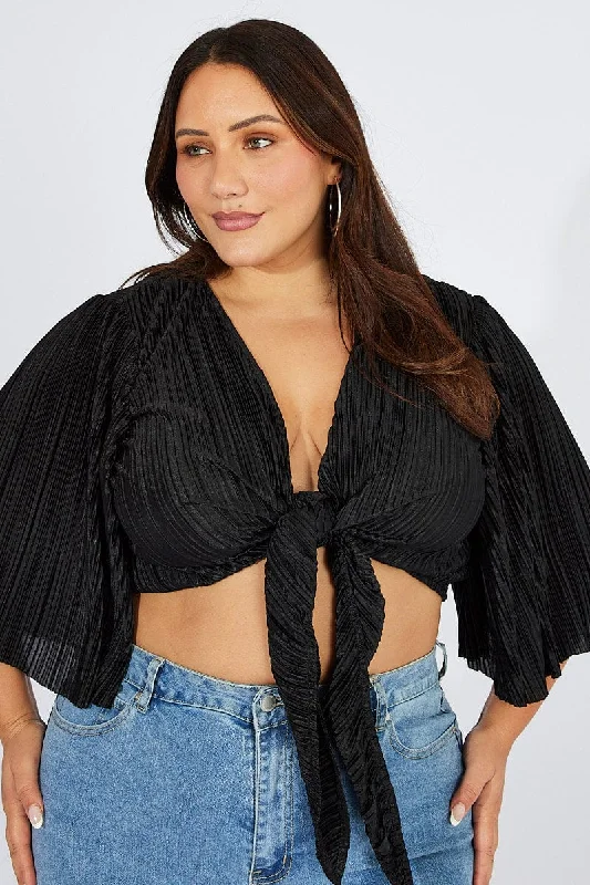 Flash Sale Black Plisse Satin Flare Sleeve Tie Bolero Top