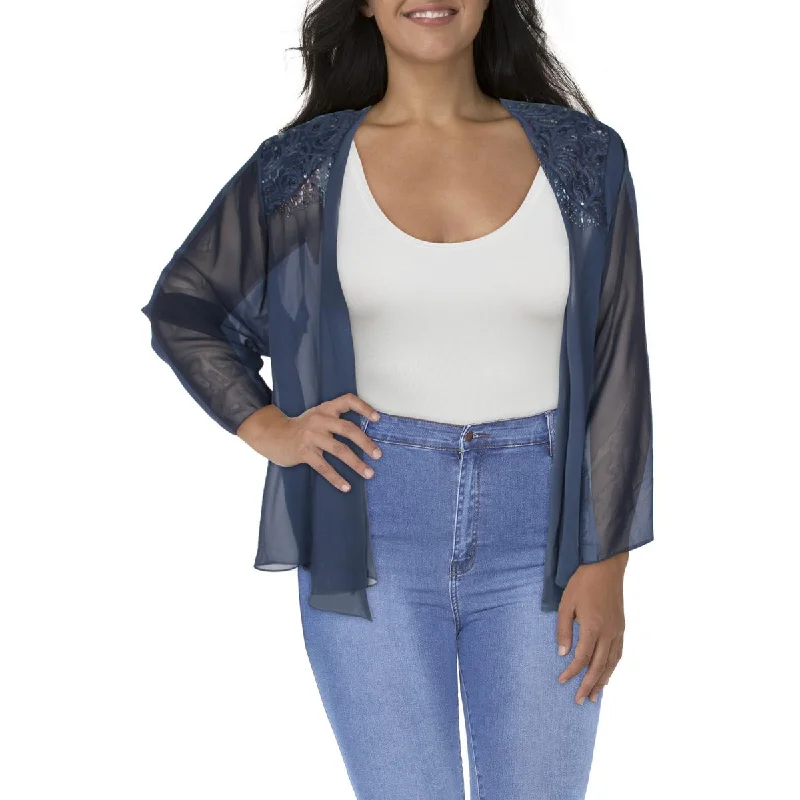 Sneak Peek Sale Plus Womens Chiffon Embellished Collarless Blazer