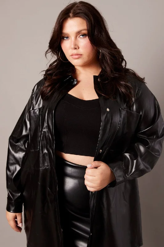 Unbeatable Prices Black Pocket Faux Leather Longline Shacket