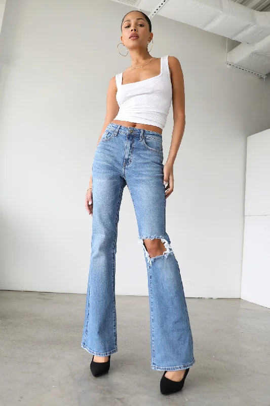 Hot Deal DOGMA High Rise Flare Leg Denim Jeans Medium Wash
