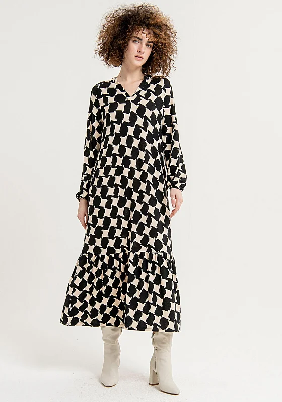 Fantastic Deals Surkana Houndstooth Print, Frill Hem Maxi Dress, Black