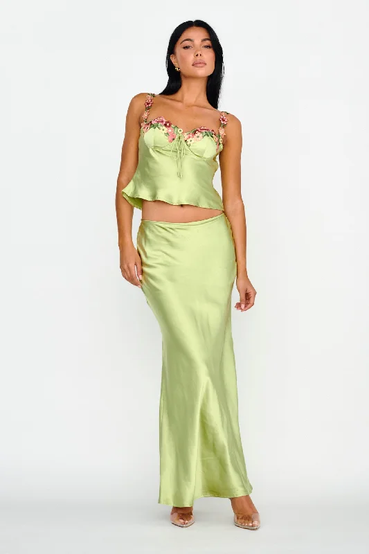 Year-End Sale Rose Garden Satin Maxi Skirt Lime