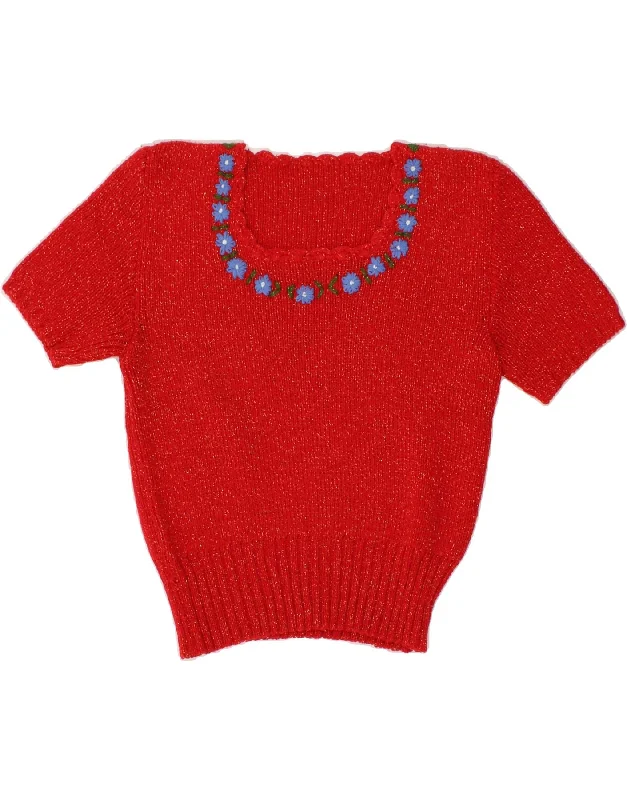 Unbeatable Prices VINTAGE Womens Crop Boat Neck Jumper Sweater UK 14 Medium Red Floral