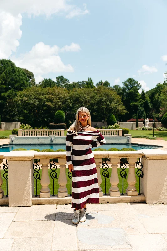 Factory Direct Sale Boston Striped Midi Dress - Burgundy/Off White