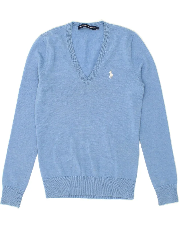 Buy More, Save More RALPH LAUREN Womens V-Neck Jumper Sweater UK 10 Small Blue Merino Wool