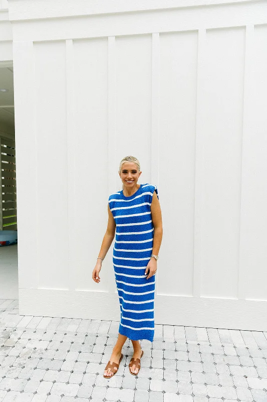 Factory Direct Sale Stay Happy Midi Dress - Blue/White