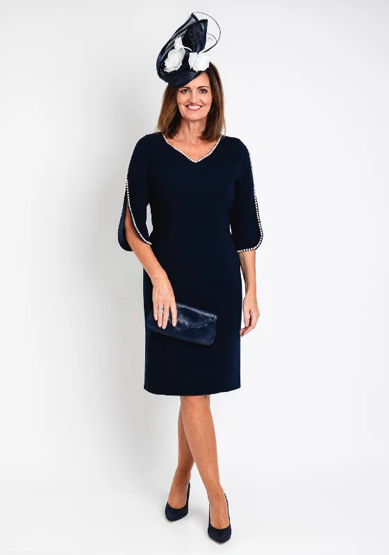 Hurry In Lizabella Pearl Trim Tulip Sleeve Pencil Midi Dress, Navy