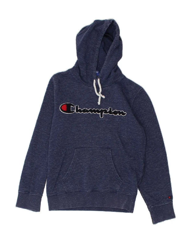 Price Cut CHAMPION Womens Graphic Hoodie Jumper UK 6 XS Navy Blue Striped Cotton