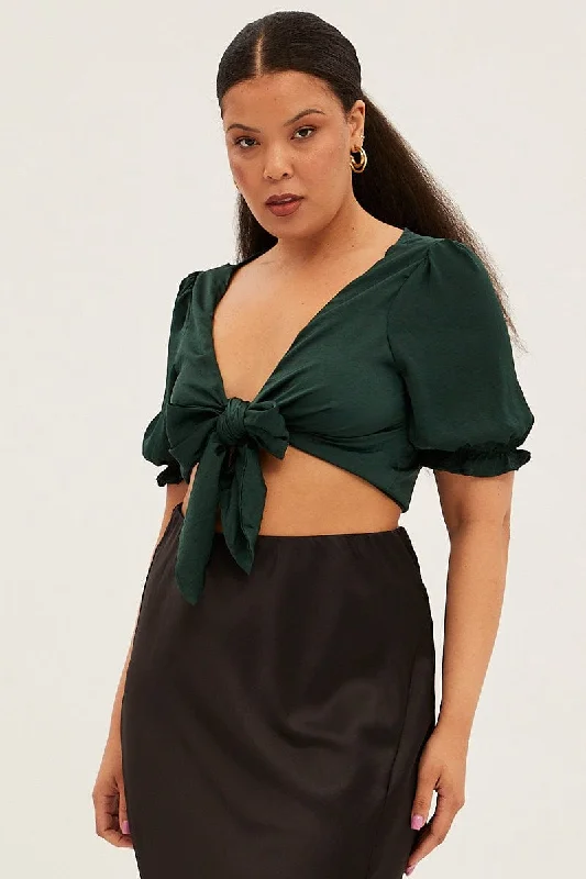 Steals and Deals Green Satin Tie Front Short Sleeve Bolero Top