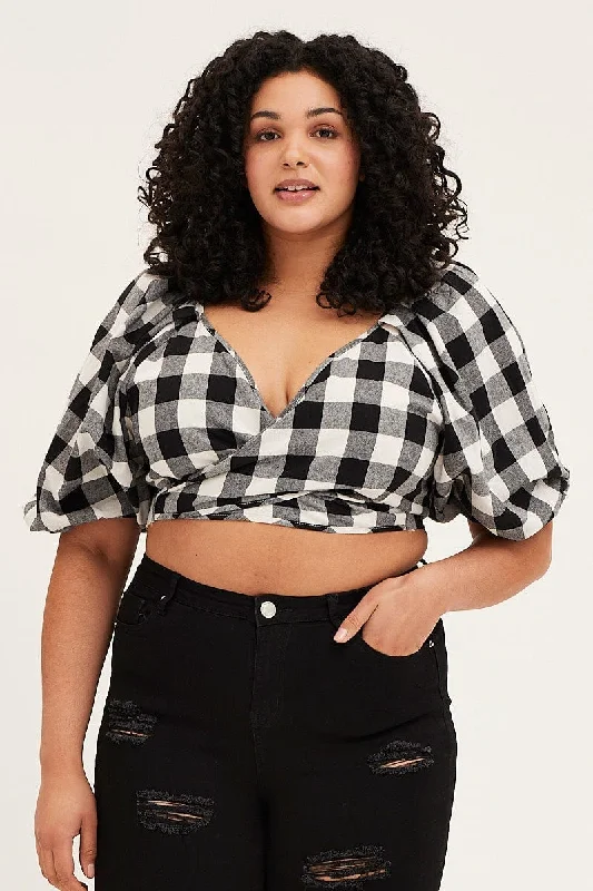 Year-End Clearance Check Short Puff Sleeve Black Gingham Wrap Bolero