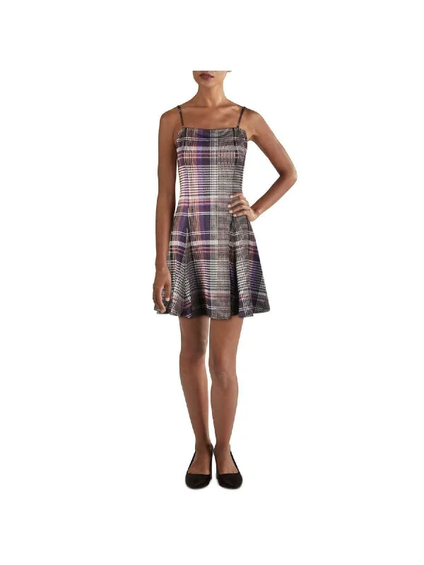 Special Price AQUA Womens Purple Tartan Plaid Spaghetti Strap Square Neck Short Fit + Flare Dress Special Price AQUA Womens Purple Tartan Plaid Spaghetti Strap Square Neck Short Fit + Flare Dress