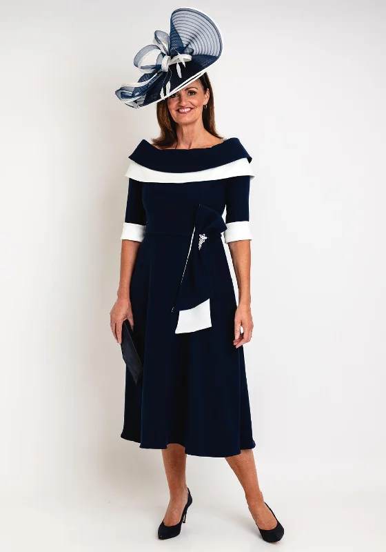 Get It Before It’s Gone Claudia C Sylvia Embellished Bow Waist Midi A-line Dress, Navy