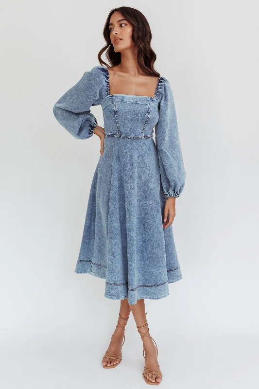 Daily Specials Jeanie Long Sleeve Midi Dress Denim Blue