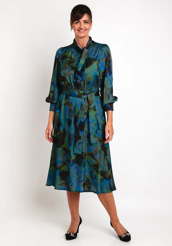 Best Bargains Camelot Scarf Neck Watercolour Inspired Satin Midi Dress, Green