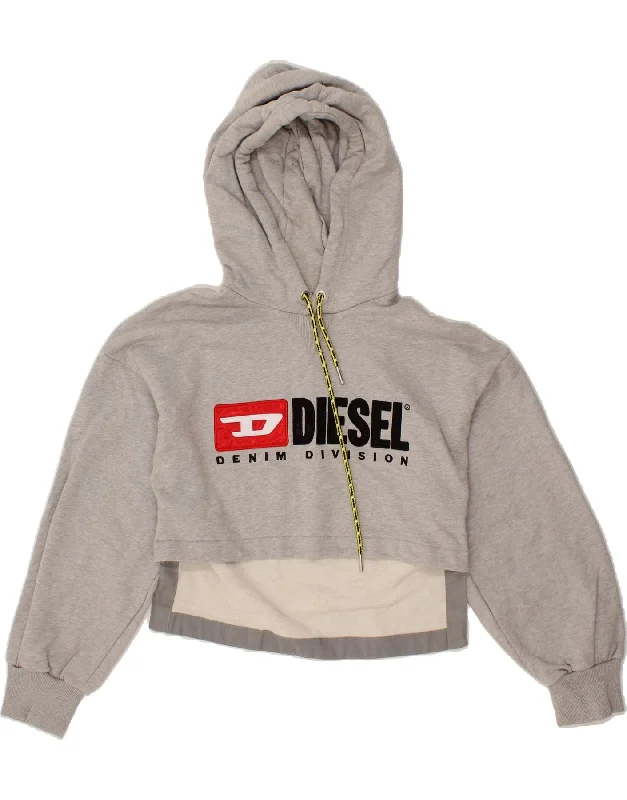 Limited Time DIESEL Womens Crop Graphic Hoodie Jumper UK 12 Medium Grey Cotton