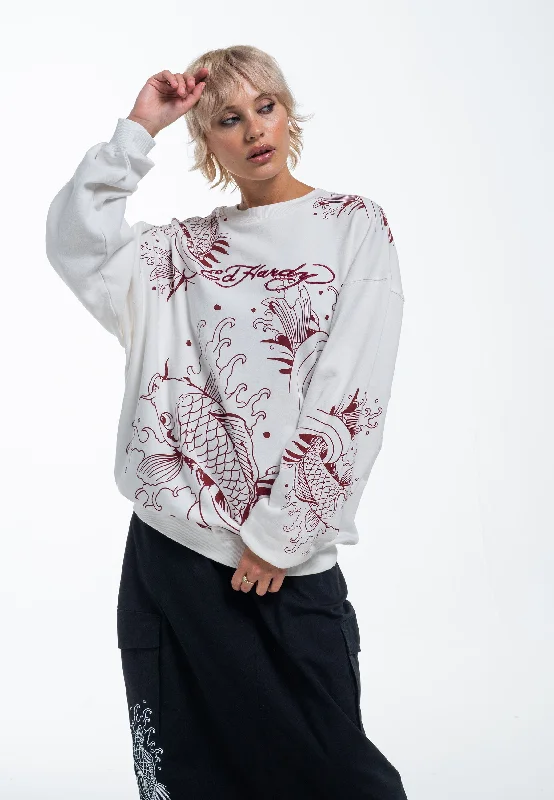 Deal Explosion Womens Koi River Relaxed Crew Neck Sweatshirt - White