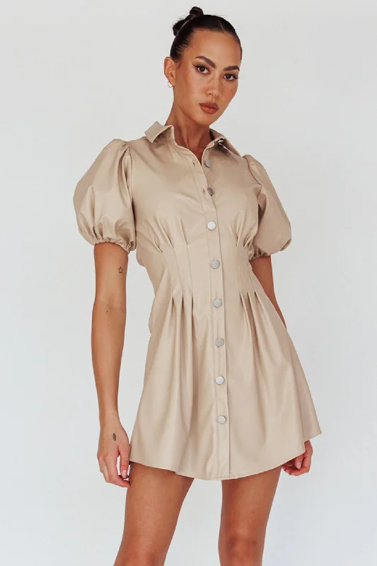 Value Deals Zurich Pleated Waist Shirt Dress Faux Leather Nude