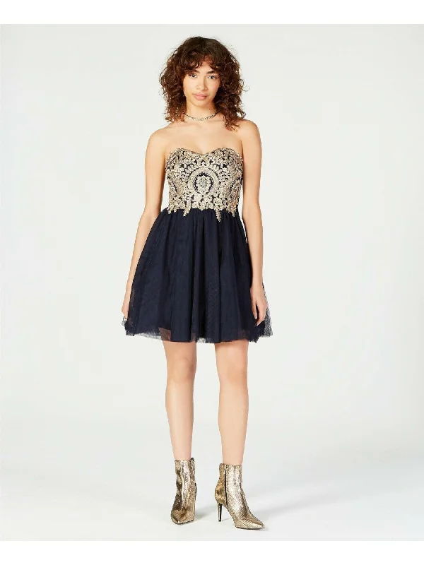 Huge Discounts CITY STUDIO Womens Navy Embellished Embroidered Sleeveless Sweetheart Neckline Short Party Fit + Flare Dress Huge Discounts CITY STUDIO Womens Navy Embellished Embroidered Sleeveless Sweetheart Neckline Short Party Fit + Flare Dress