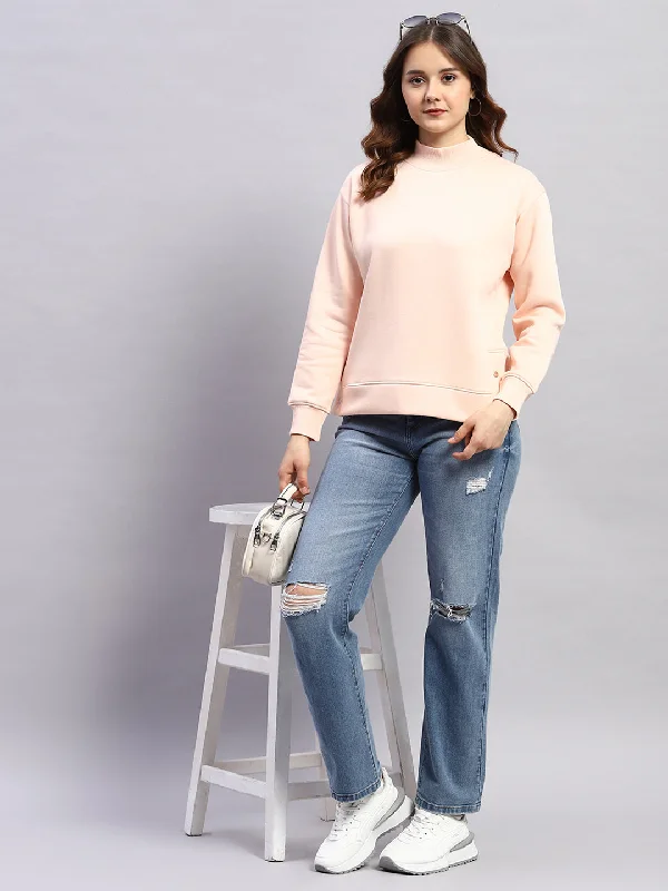 Low Prices Women Peach Solid High Neck Full Sleeve Sweatshirt