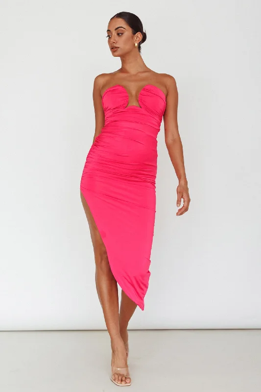 Super Sale Roma U-Neckline Ruched Midi Dress Hot Pink