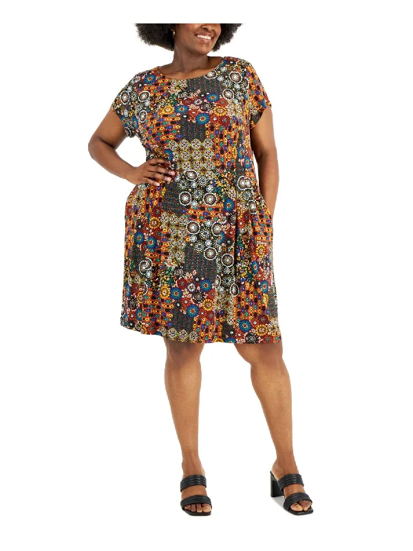 Stock Clearance CONNECTED APPAREL Womens Black Zippered Pocketed Printed Short Sleeve Round Neck Above The Knee Wear To Work Fit + Flare Dress Stock Clearance CONNECTED APPAREL Womens Black Zippered Pocketed Printed Short Sleeve Round Neck Above The Knee Wear To Work Fit + Flare Dress