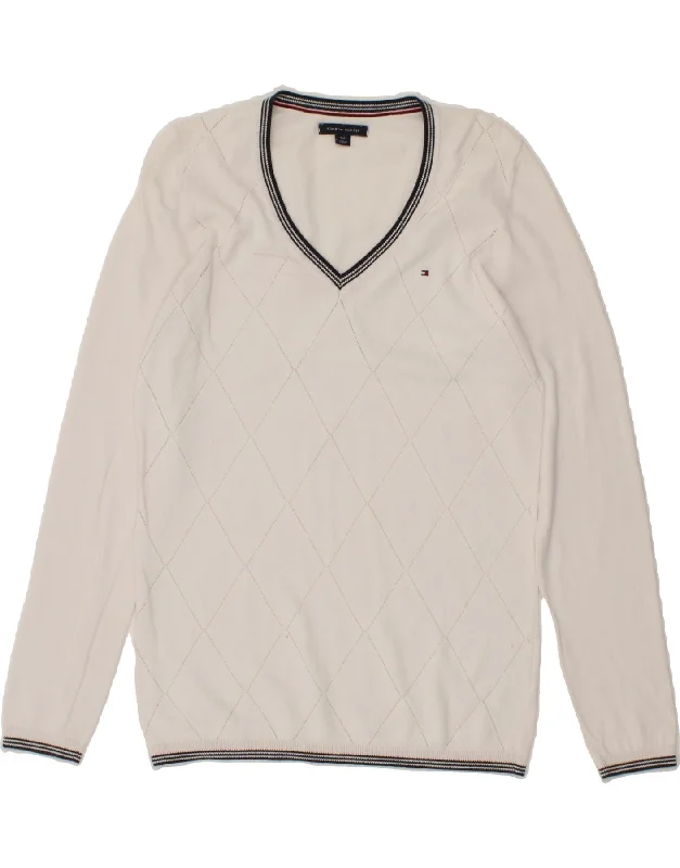 Final Clearance TOMMY HILFIGER Womens V-Neck Jumper Sweater UK 10 Small White