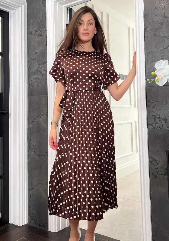 Act Fast Girl In Mind Calista Polka Dot Pleated Midi Dress, Brown
