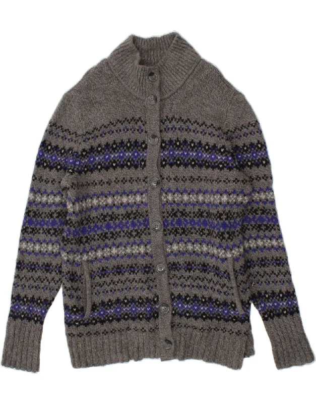 Special Price EDDIE BAUER Womens Cardigan Sweater UK 16 Large Grey Fair Isle Cotton