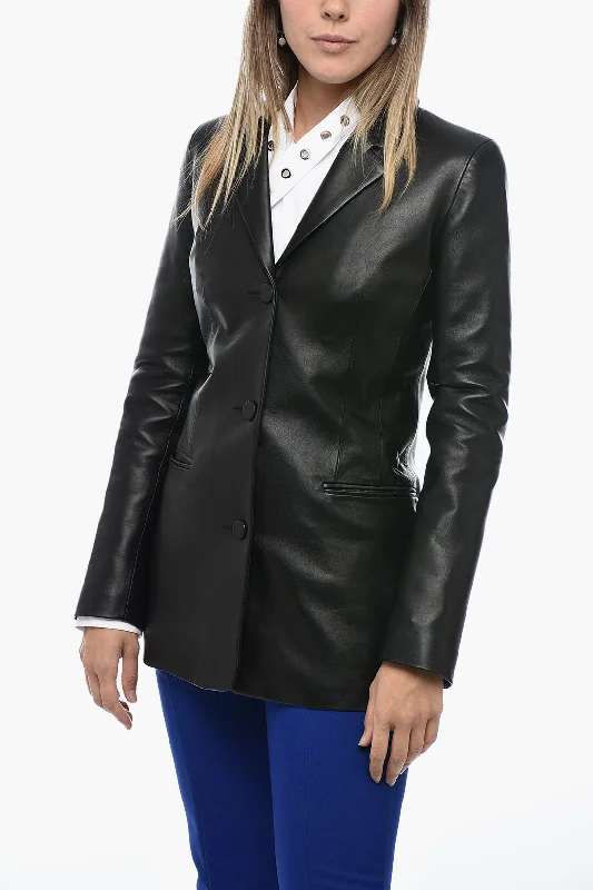 Closeout Off-White Leather Fitted Blazer With Welt Pocket 40 Italian Size