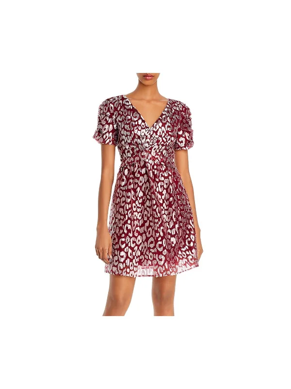 Limited Edition AQUA Womens Maroon Patterned Short Sleeve V Neck Short Party Fit + Flare Dress Limited Edition AQUA Womens Maroon Patterned Short Sleeve V Neck Short Party Fit + Flare Dress