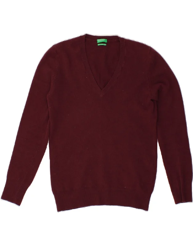Now or Never BENETTON Womens V-Neck Jumper Sweater UK 12 Medium Maroon Wool
