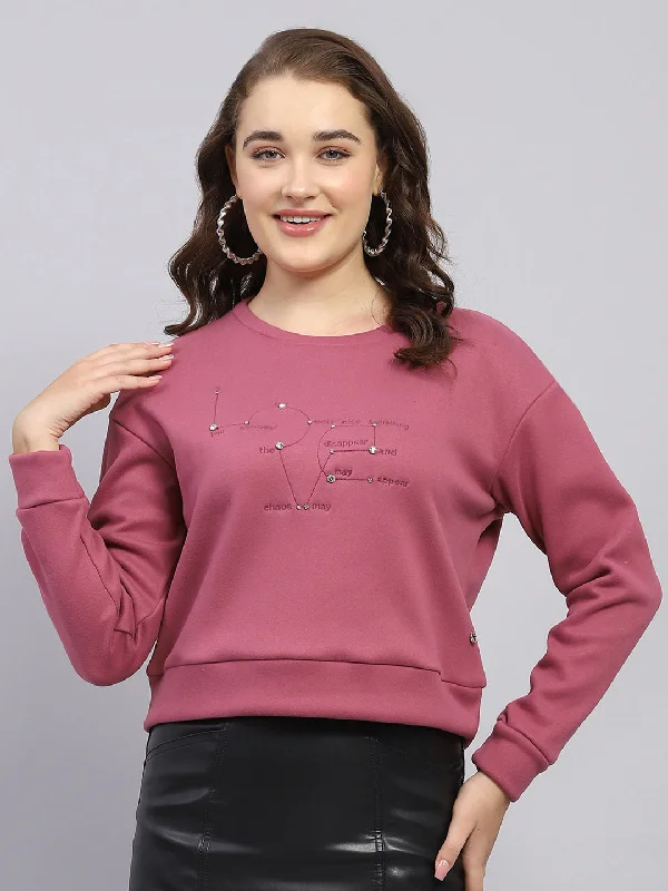 Exclusive Offers Women Pink Embroidered Round Neck Full Sleeve Sweatshirt