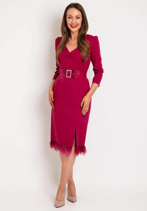 Limited Availability Olimara Feather Trim Midi Dress, Magenta