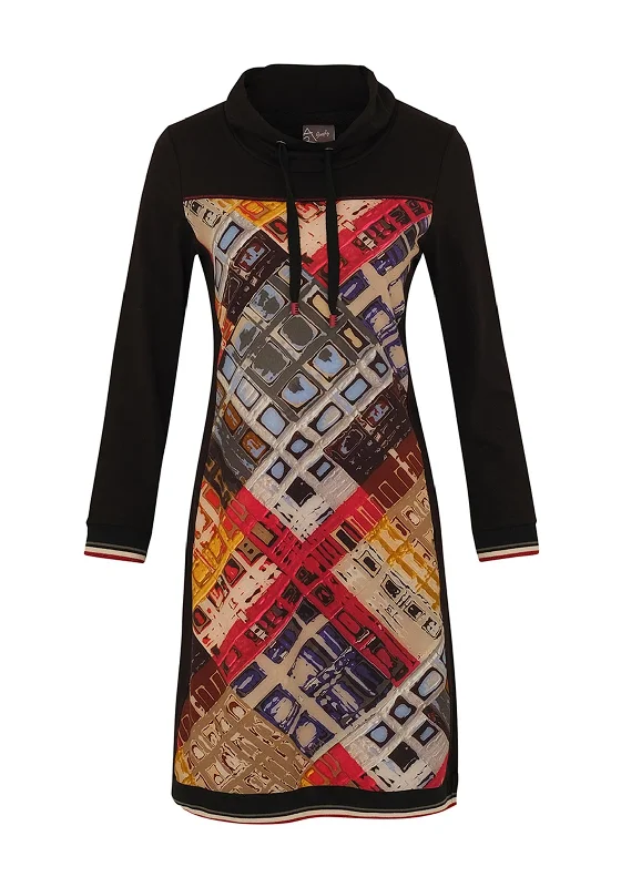 Crazy Savings Dolcezza Bold Print Drawstring Neckline Mini Dress, Black