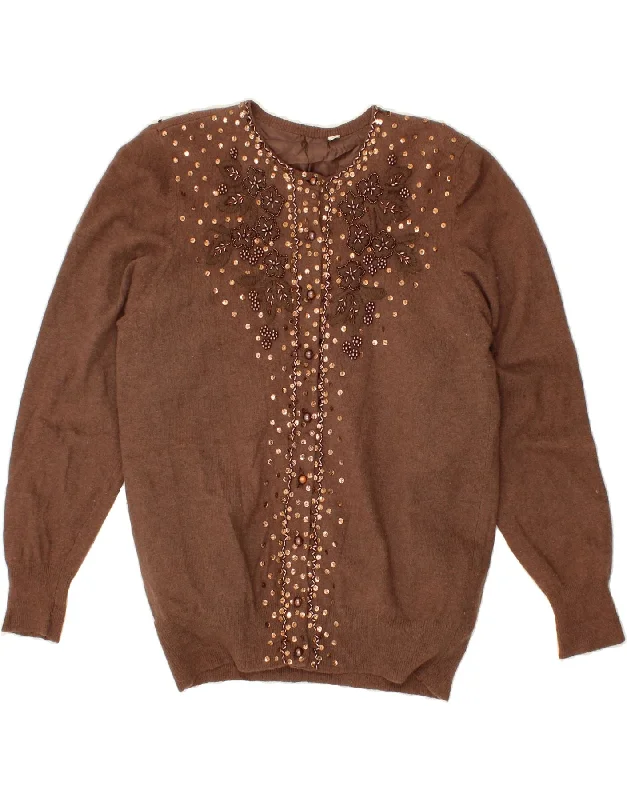 Special Discount VINTAGE Womens Cardigan Sweater UK 12 Medium Brown Floral Lambswool