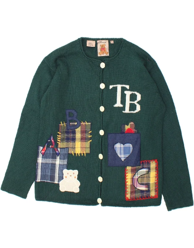 Bargain Prices VINTAGE Womens Teddy Bear Graphic Cardigan Sweater UK 10 Small Green