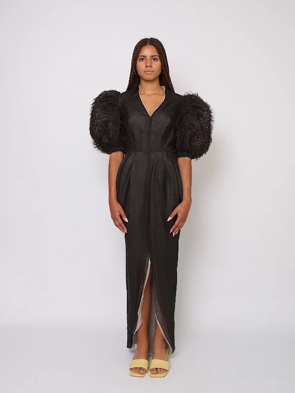 Can't Miss Evening Cocktail gown dress mega puffy sleeves floral lace and organza