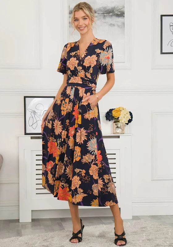 Steals and Deals Jolie Moi Sheyra Floral Print Jersey Maxi Dress, Navy Orange
