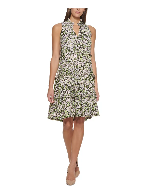 Deal Mania TOMMY HILFIGER Womens Black Ruffled Tiered Pullover Floral Sleeveless Split Above The Knee Shift Dress Deal Mania TOMMY HILFIGER Womens Black Ruffled Tiered Pullover Floral Sleeveless Split Above The Knee Shift Dress