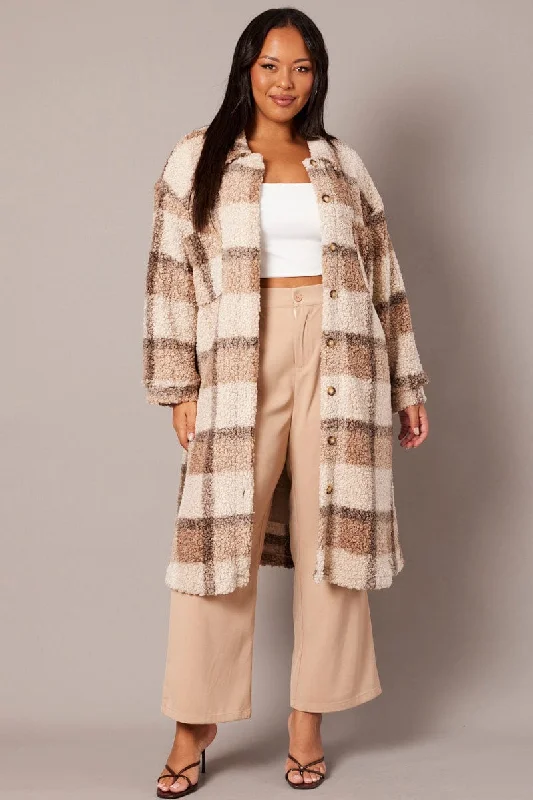 Deal Dash Brown Check Longline Boucle Teddy Coat