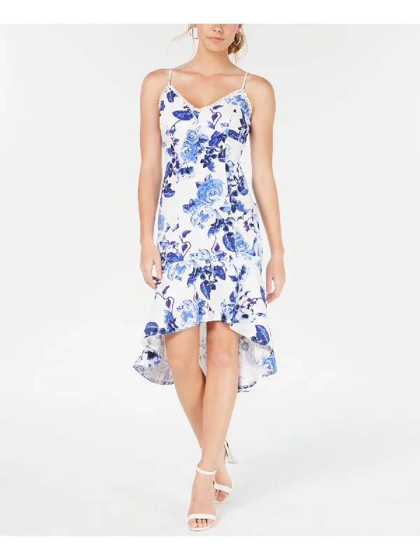 Deal of the Day JUMP APPAREL Womens Floral Spaghetti Strap V Neck Midi Cocktail Hi-Lo Dress