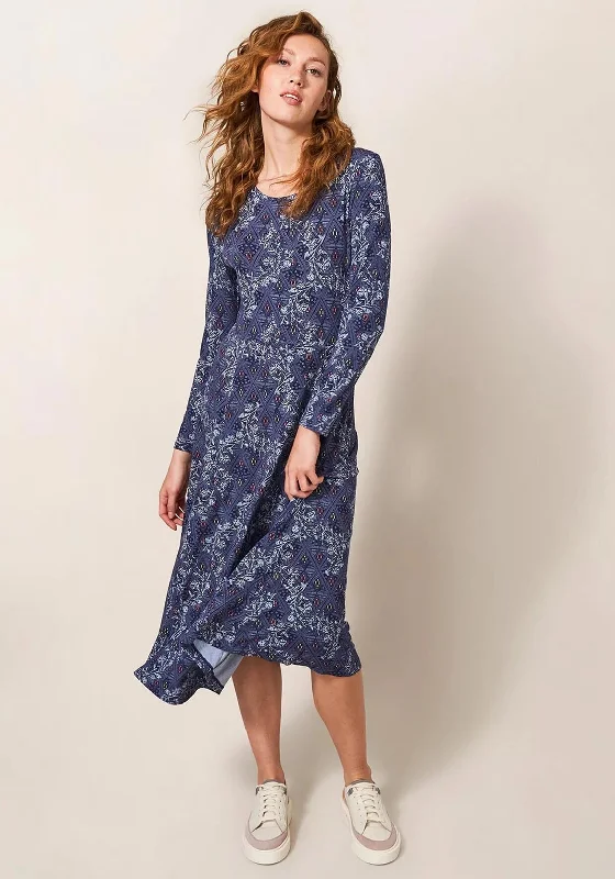 Online Only White Stuff Madeline Patterned Midi Jersey Dress, Blue Multi