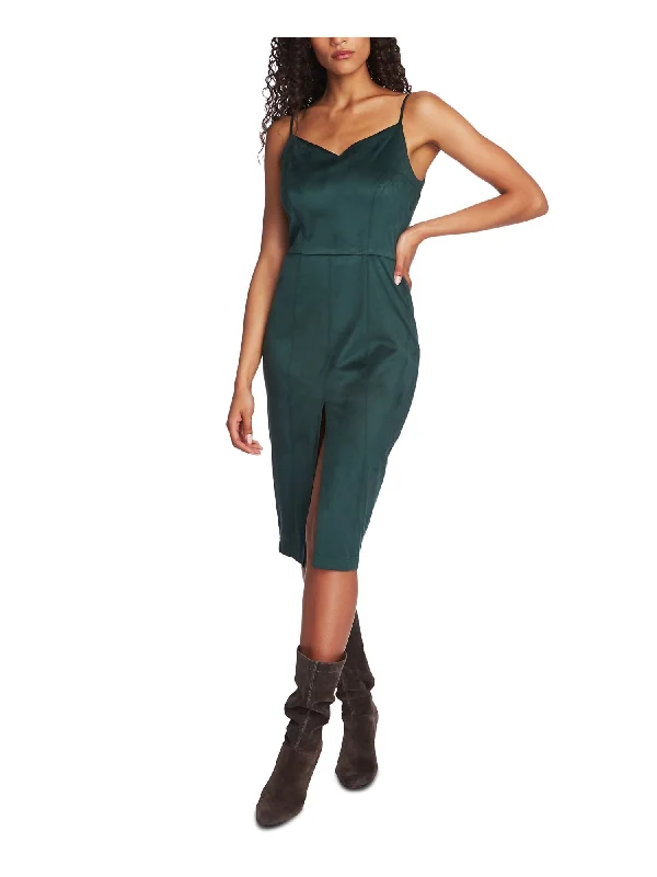 Mega Sale 1. STATE Womens Green Slitted Spaghetti Strap V Neck Midi Party Dress