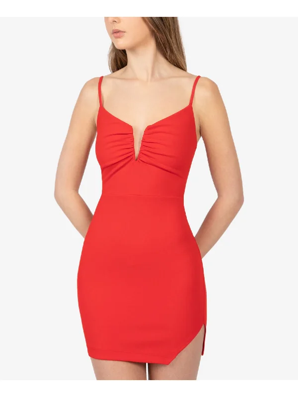 Fantastic Deals B DARLIN Womens Red Stretch Ruched Zippered Slit Adjustable Straps Spaghetti Strap Split Mini Party Body Con Dress Fantastic Deals B DARLIN Womens Red Stretch Ruched Zippered Slit Adjustable Straps Spaghetti Strap Split Mini Party Body Con Dress