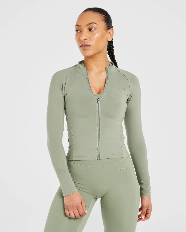 Final Sale Staple Longline Zip Jacket - Olive Green