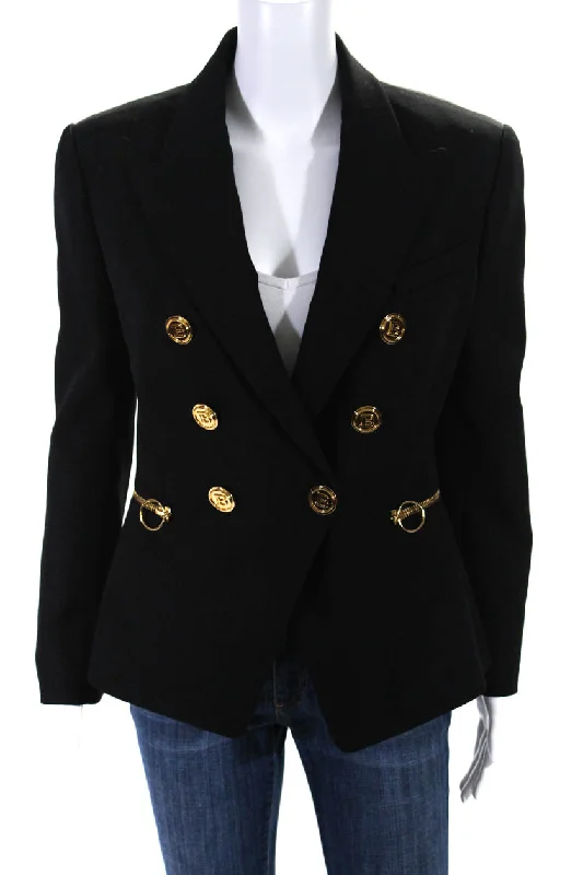 Holiday Sale Balmain Womens Gold Tone Wide Lapel Blazer Jacket Black Wool