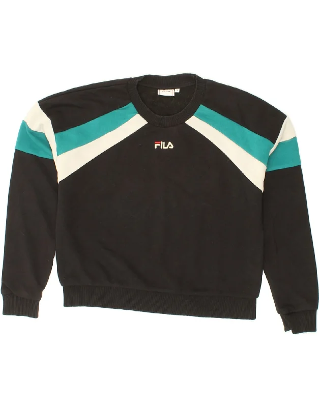 Don't Wait FILA Womens Oversized Crop Sweatshirt Jumper UK 10 Small Black Colourblock