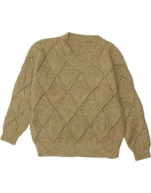 YEAR-End Sale VINTAGE Womens V-Neck Jumper Sweater UK 14 Large Beige