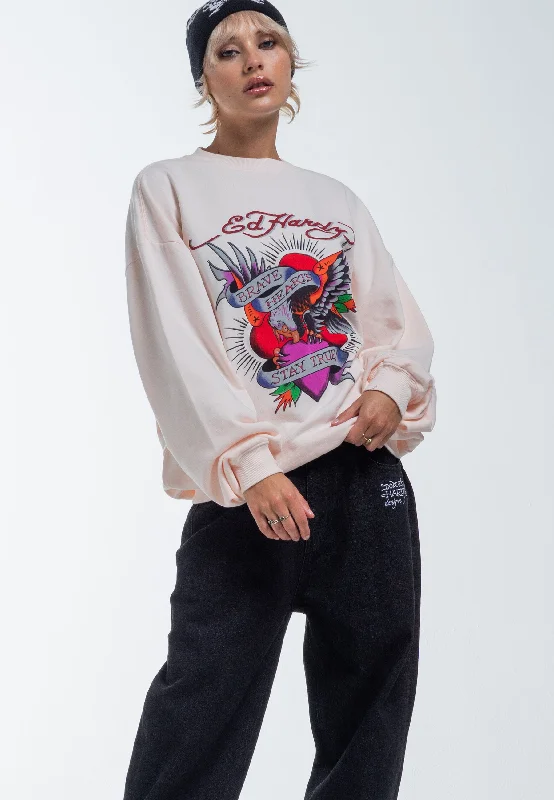 Amazing Deals Womens Brave Heart Graphic Relaxed Crew Neck Sweatshirt - Pink